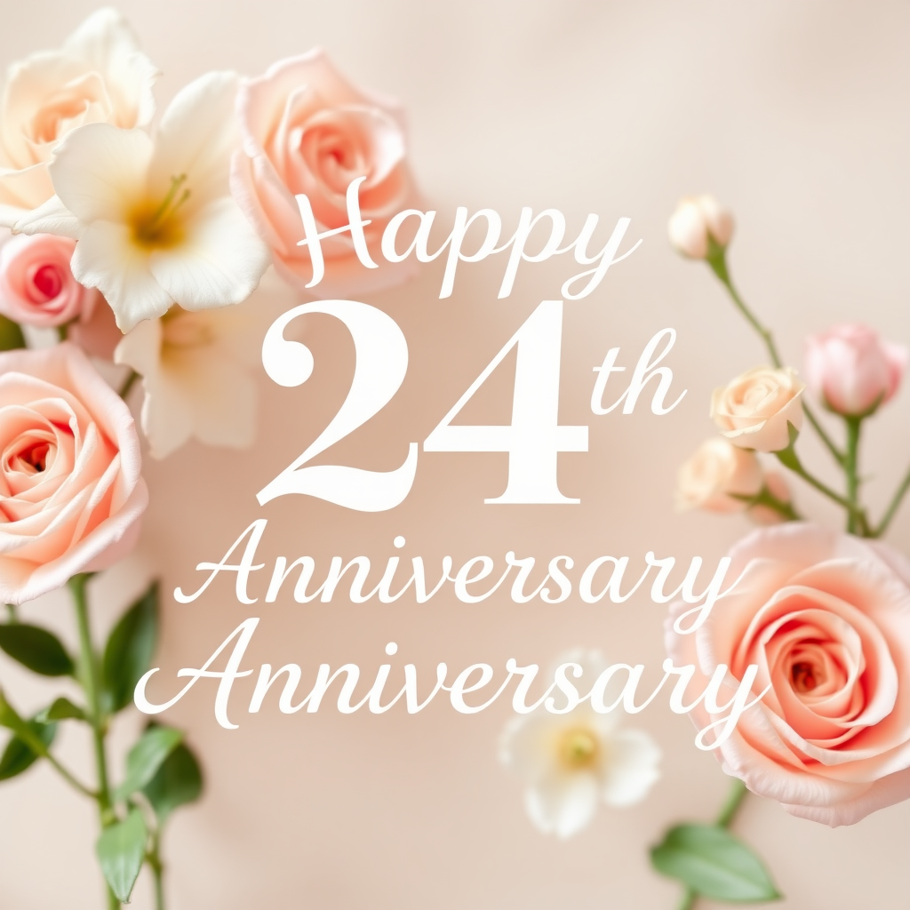 Create a soft, elegant image for a 24th wedding anniversary, blending celebration and love. Include delicate flowers, such as roses or lilies, arranged around the message: "Happy 24th Wedding Anniversary". Incorporate soft pastel colors like pinks, creams, and whites. The overall vibe should be warm, romantic, and joyous, capturing the essence of love and commitment over the years. the text needs to be exact.