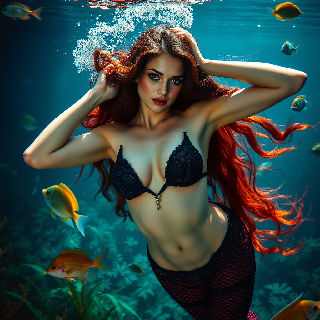 Vampirella as a fit mermaid underwater amazing loose flowing hair floating in a nimbus around her beautiful face her arms outstretched languidly over her head. she's looking down into the viewer's eyes making intense eye contact. modesty protected by fish. Burlesque. Stunning undersea life details plants and fish and other creatures of the sea. Amazing HD DSLR photographic output.