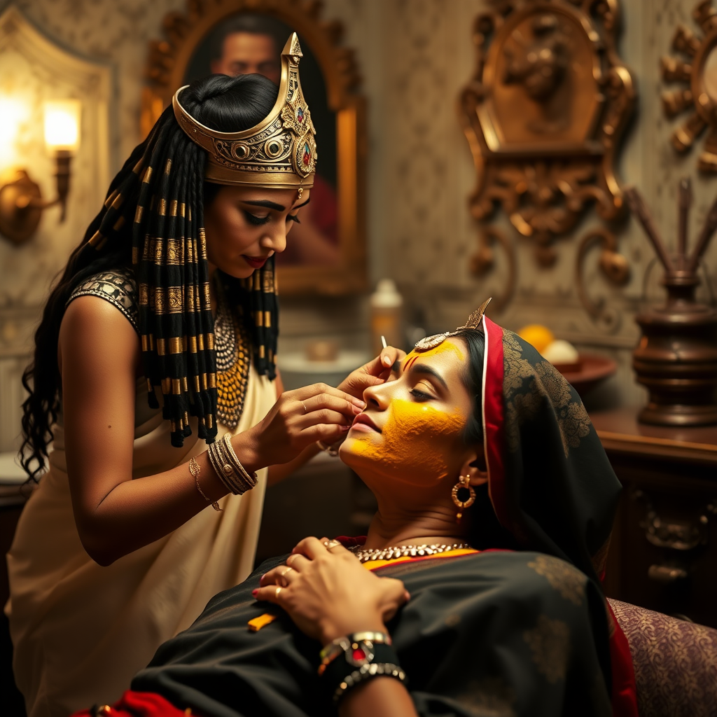 Cleopatra, working in a beauty parlour, giving a turmeric facial to a rich, traditional Indian wife.