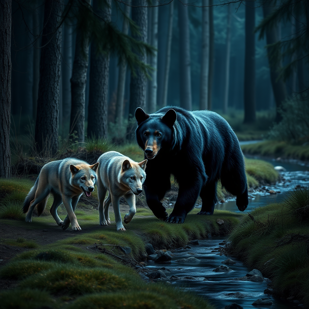 A photo realistic picture of two smaller grey furred wolves and a large black bear walking through the woods along a small creek at night