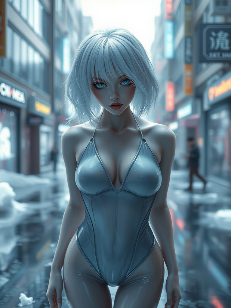 TWEEN FEMALE NEXON GAMES, inside in a scenery game city Altered Carbon, white gelatins floating, white hair, blue eyes neon, mouth closed with a sarcastic expression of irony, ice street in city, using grey gelatin swimsuit translucent metalic grey skin, front posing, full body view, Image 9:16 Resolution HD High Quality, cinematic corrected lighting, hyper-realistic saturation in layer fusion with 8K cimetric HDR traces in Real Tracing perspectives, realism vision colors Impact of Realism in the reflections of the environment inspired by wet