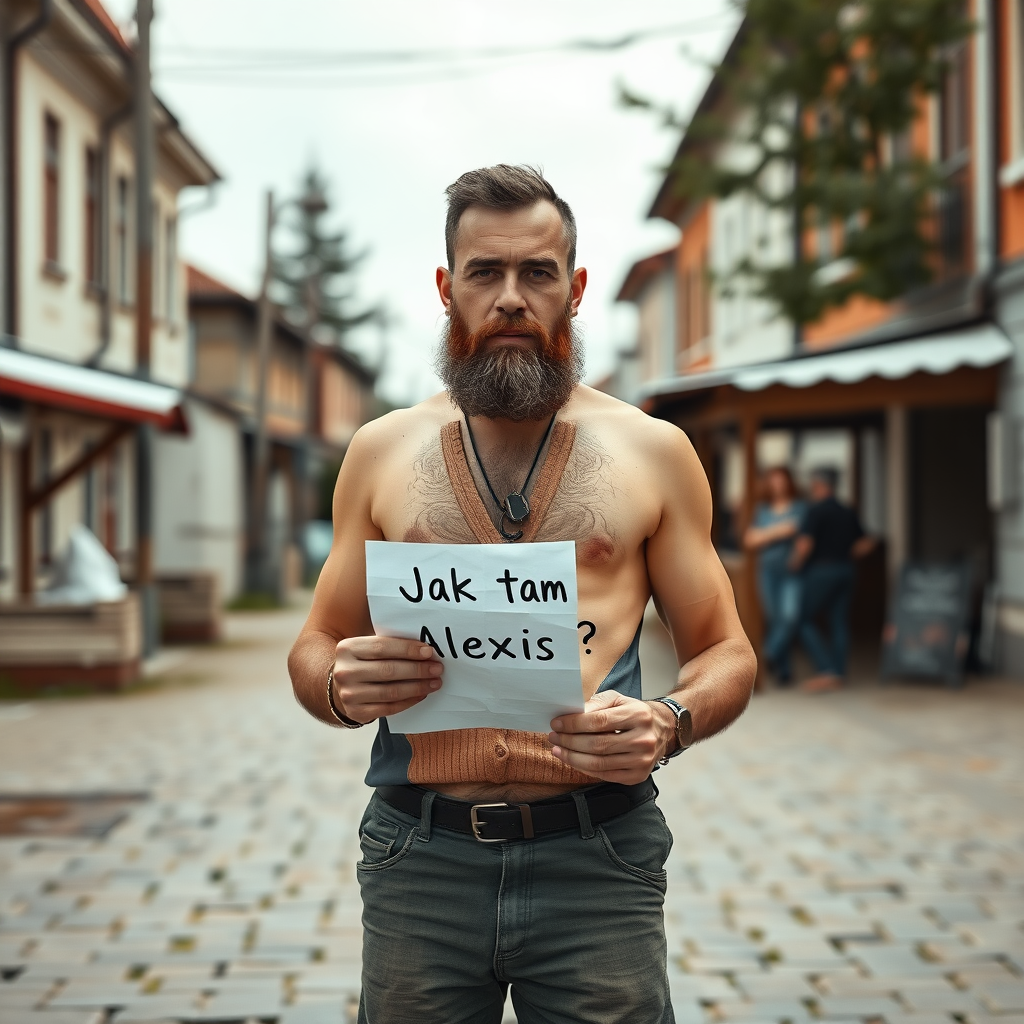 Photorealistic man with beard standing without t-shirt in eastern european country holding the paper saying jak tam alexis?