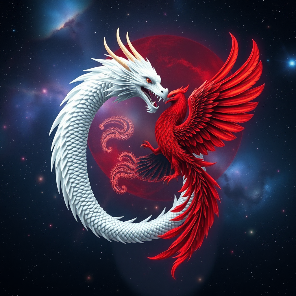 Ultra-realistic image: yin yang in the center, made of a white dragon and a red phoenix, double exposure with the background of iridescent nebula galaxy.