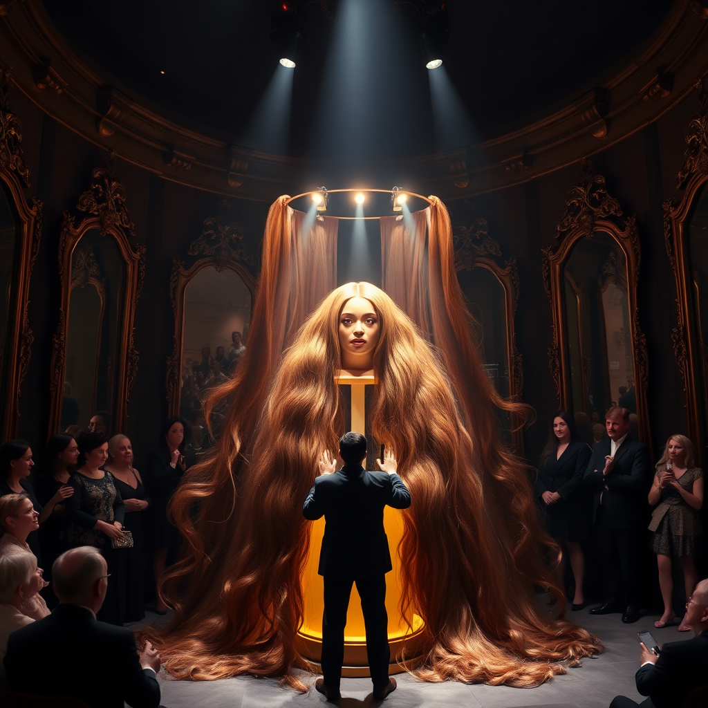 In an enchanting exhibit of a unique long hair fetish museum, a stunningly elaborate magic trick captivates the audience’s attention. At the center of the dimly lit space, a gracefully illuminated stand showcases the ethereal figure of Beyoncé’s disembodied head, framed by cascading waves of her lustrous, very long hair that cascades down like shimmering silk. The hair, glistening under soft, warm spotlights, exhibits hues of deep mahogany with subtle hints of golden highlights, creating an almost hypnotic effect.

Surrounding the stand, walls adorned with gorgeous, vintage mirrors reflect the shimmering locks, amplifying their beauty and allure. The hushed whispers of intrigued onlookers blend with the distant soft strains of classical music, enhancing the atmosphere of wonder and awe. The air is scented lightly with a blend of fresh flowers and rich sandalwood, creating a serene environment that feels both magical and slightly surreal.

As the audience watches, the hair seems to sway gently, as if a life of its own, evoking a sense of wonder and curiosity. The performer, dressed in an elegantly tailored suit, adds to the mystique as they skillfully manipulate the setup, their swift movements punctuated by gasps of disbelief and excitement from the crowd. This moment encapsulates a fusion of artistry and illusion, capturing both the essence of beauty and the intrigue of the extraordinary.