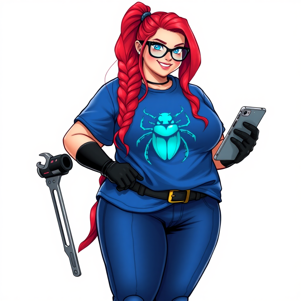 A 28-year-old, full-figured computer hacker and tech wiz girlfriend of a cyberpunk vigilante. Her long ruby-red ponytail, and striking, bright blue eyes make her stand out. Her wrecking ball-sized midsection, sequoia-sized limbs, and broad shoulders define her full figure, which has been heavily pampered by her doting boyfriend. Her nerdiness is blatantly obvious, and she serves as her boyfriend’s tech expert.

As the loyal and supportive sidekick, she plays a crucial role in their missions, using her digital and technological prowess to assist and protect. She wears an oversized maximum blue t-shirt adorned with a maximum turquoise beetle chest icon, black oversized eyeglasses, matching maximum blue biker pants, and black high-tech gloves. She beams with a neon red blush, holding a futuristic wrench and a digital holographic tablet. She is on a solid white background. She is drawn as if she was in a retro 2D cyberpunk fighting game. Her proportions are broadened and bloated to emphasize her figure.