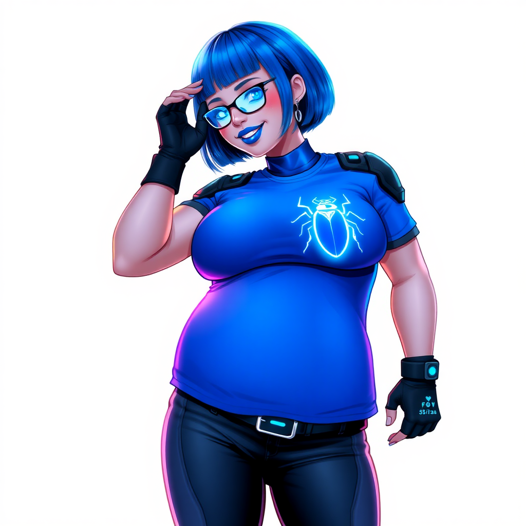 A 28-year-old, full-figured, metallic maximum blue (5PB 5/10) skinned computer program hybrid with a maximum blue bob cut. She has a non-athletic build, highlighted by a prominent, round, large midsection (with emphasis on her round large belly), which shows the effects of her new love of junk food acquired from her boyfriend. As the full-figured, nerdy, digital sidekick to her cyberpunk vigilante boyfriend, her metallic maximum blue skin and maximum blue lipstick (5PB 5/12) emphasize her digital nature. Her skin has a subtle, animated glow, with digital patterns occasionally flickering across it, making her digital nature obvious. She wears a digital, computerized costume, consisting of a massive, tight-fitting, maximum blue t-shirt (5PB 5/12) made out of advanced nanotech with a neon blue glowing chest icon of a beetle, hi-tech shoulder pads with neon blue accents, a black hi-tech belt with a digital neon blue glowing buckle, digital maximum blue biker pants (5PB 5/12) with neon blue accents, and black hi-tech fingerless biker gloves with neon blue glowing accents. Her neon blue glowing eyes, black eyeglasses with neon blue glowing lenses equipped with a built-in HUD, and bashful smile with neon red blush accentuate her nerdiness. She stands bashfully with one hand behind her back and the other hand gently touching her cheek, her costume covering all her skin and emphasizing her full figure (especially her round large belly). She is clearly non-athletic, with a focus on her full-figured physique. Despite her build, she radiates beauty. She has a slim face compared to her physique, accentuating her radiant beauty. She is on a solid white background. She is drawn as if she were in a retro 2D cyberpunk fighting game.