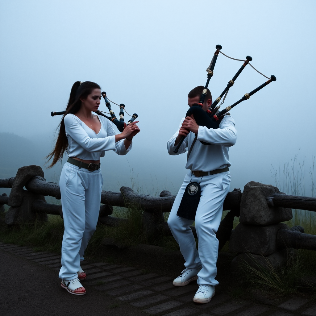 beautiful evil woman wearing white sweatpants playing her bagpipes causing harm to her boyfriend