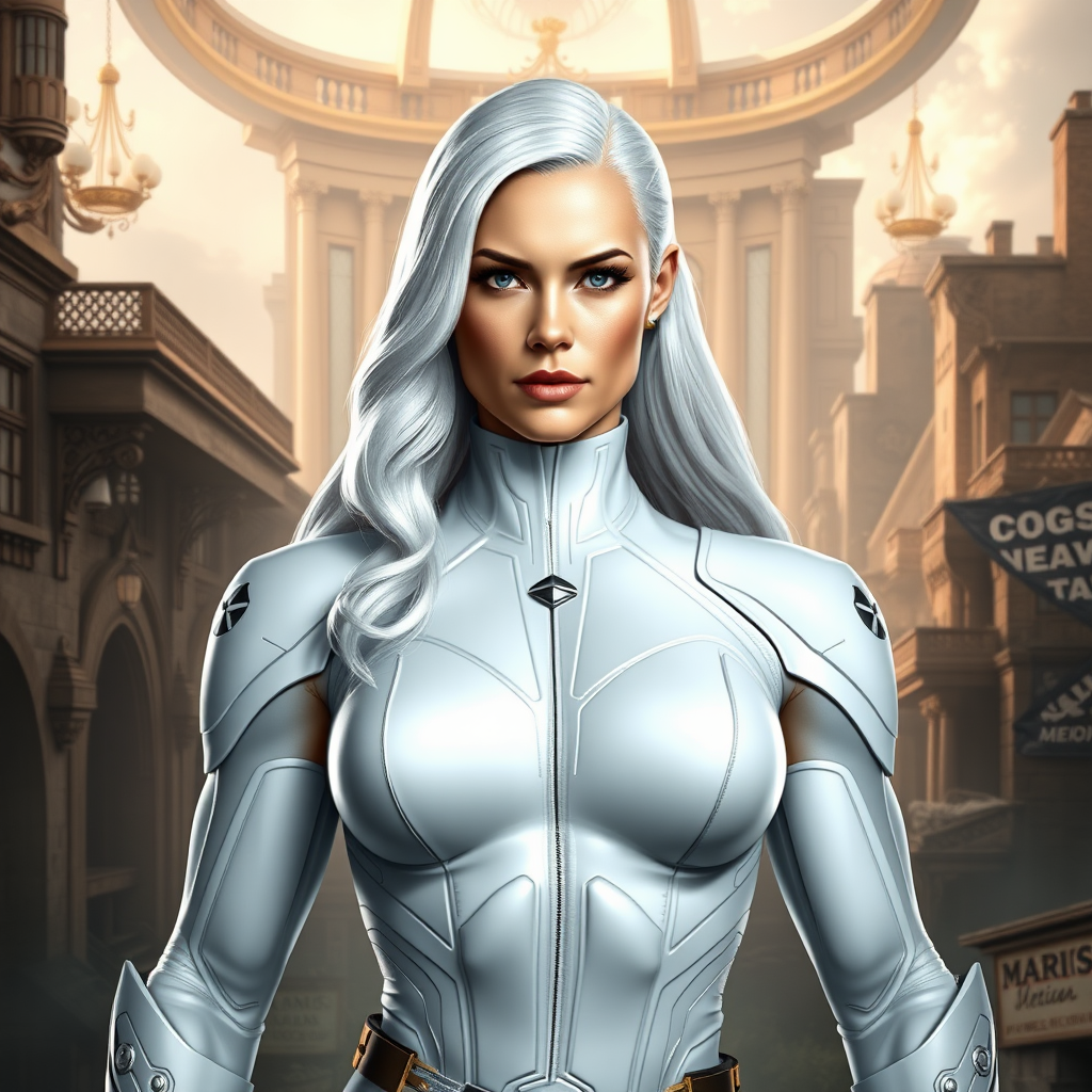 Generate a photorealistic image of Emma Frost, her head intact—including long platinum hair and distinctive facial features. Replace her body with Marcus Fenix's muscular, battle-scarred male physique, emphasizing broad shoulders, defined arms, and rugged torso. Retain Emma's signature white costume, altered to accommodate the new masculine frame, such as larger shoulder pads and a tailored torso piece. Design the background blending elements from both characters: the opulent, grandeur of Emma's mansion and the gritty, war-torn landscapes of Marcus's world, complete with dilapidated buildings and COG tags.