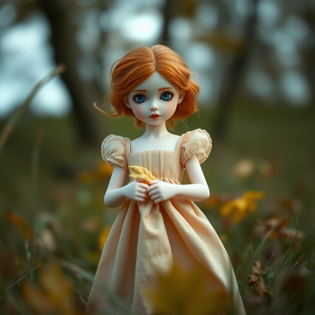 ooak art doll playing with her dress in nature, shy flirting with the camera, questioning look, bisque doll, artist doll, realistic doll, life-like porcelain doll, handmade, one of a kind, abstract, minimalist art, in focus, hyperfocal, bisque porcelain, symmetric, sacred geometry, original, unique personality, dynamic, cinematic scene, centered, macroscopic photo, dept of field, low key lighting, preteen ginger girl, balanced colors, autumn