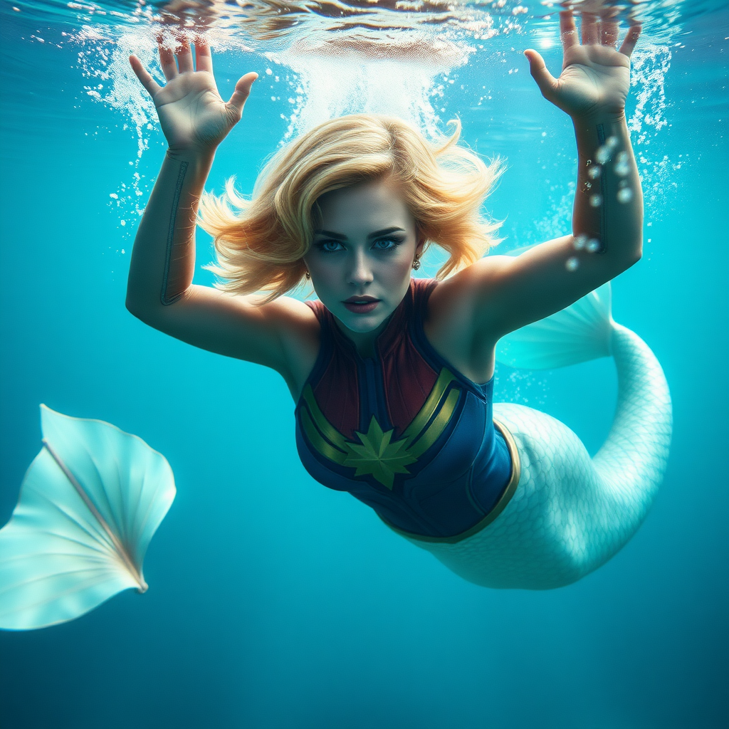 Captain Marvel as a mermaid. She's floating underwater with arms up. She's looking intensely at the viewer of the photo. The eye contact is palpable and mystical. Her short hair floats like a beautiful nimbus around her head and her shiny scaled tail is curled beside her. Gossamer Diaphanous. HD DSLR Photo