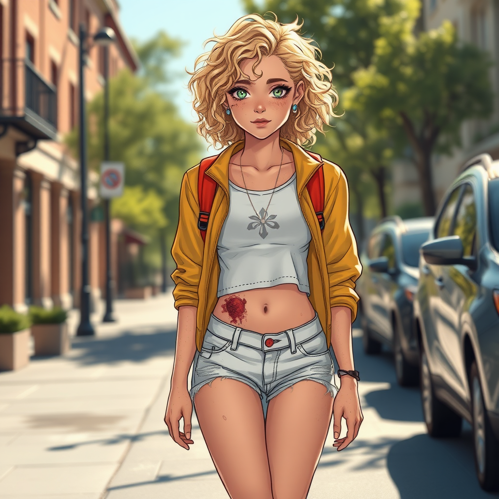 Realistic drawing style image, Extremely good quality 8k resolution drawn manga image of a 15 year old petite and short tomboy girl with golden blonde curly hair with mixed and different colored eyes for each eye and moles on her entire body and is a white American girl, Has on a Gold Jacket over a white extremely short crop top only covering her breasts and nothing more with a design on it, and has on ripped shorts and cool looking sneakers and a deep and big knife cut wound on her stomach from a huge injury she had, with a bright color backpack, ear piercings on, walking on the street to school in the morning with the beautiful sunlight lighting up her body beautifully with no tattoos.