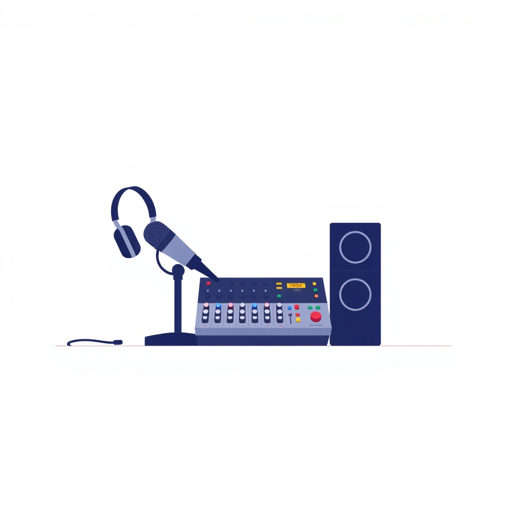 A minimalist, flat design illustration of a podcast setup. The image should include a microphone on a stand, headphones, and a sound mixer on a simple desk or tabletop. The background should be a plain, neutral color like white, gray, or light blue. The overall style should be clean, modern, and visually appealing as a generic stock image for podcasting.