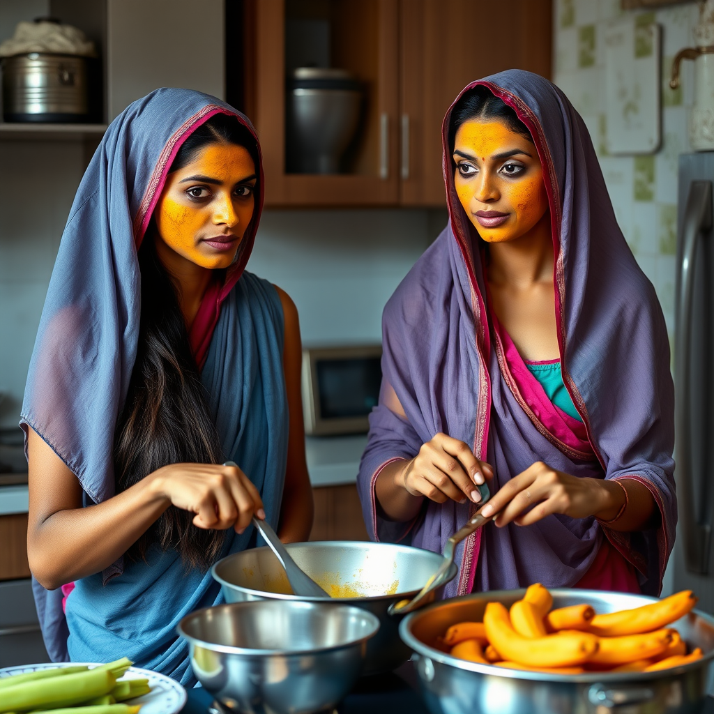 2 slim, 30 year old, modern Indian maids with long hair coverings. They are cooking food in the kitchen. Their face is covered with turmeric face mask.