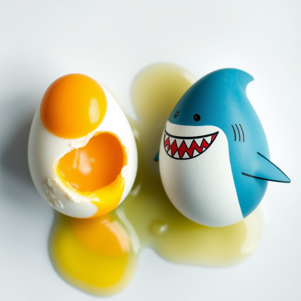 one egg on the left and one egg on the right. between two eggs a laughing sharky