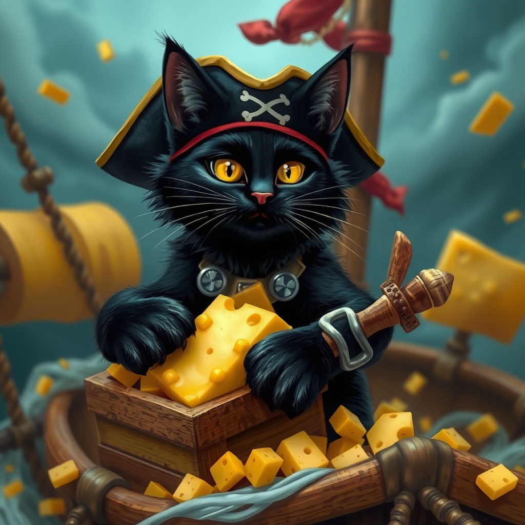 Black cat pirate with treasure cheese filled with cheese on a pirate ship in a hurricane