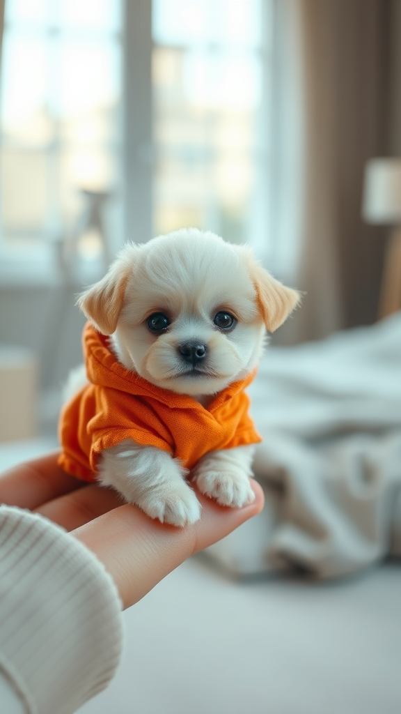 For creating a prompt to generate an image like the one you've uploaded, here's a detailed prompt for the tiny puppy:

Prompt for Art Generation: "Create an ultra-realistic, high-definition image of a miniature fluffy puppy. The puppy should be incredibly small, fitting perfectly in a person's fingertips. It should have soft, cream-colored fur with big, round, expressive black eyes. The puppy is wearing an orange hoodie, giving it an extra cute and cozy look. The setting should be a soft, cozy bedroom with a neutral palette, blurred in the background to highlight the adorable tiny puppy. Ensure the image captures the puppy’s cuteness and the softness of the setting, with soft lighting coming through a large window in the background."