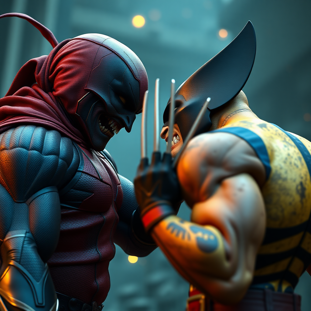 Spawn Vs Wolverine in Cinematic Real3d photo-realistic quality.