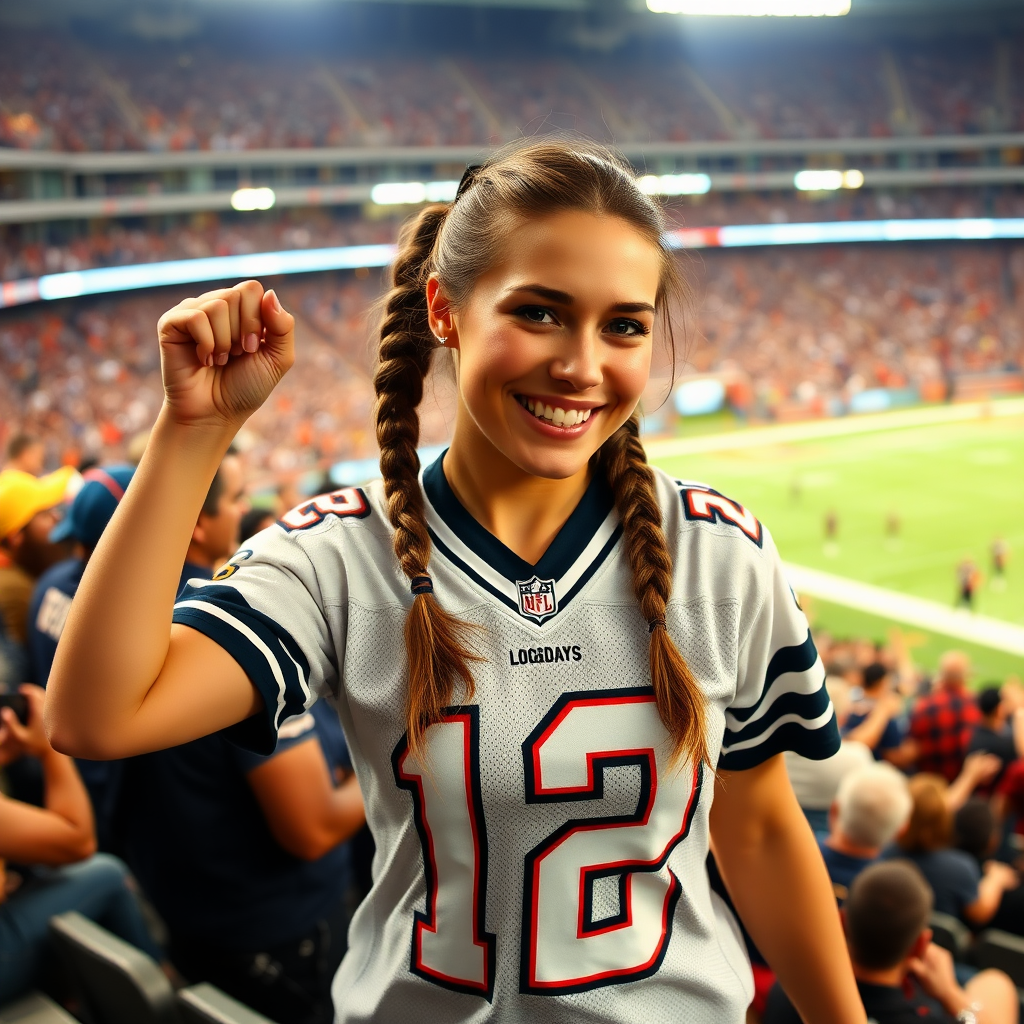 Hot female NFL fan, pigtail hair, wearing jersey, cheering after victory, inside the bleacher crowd, at stadium