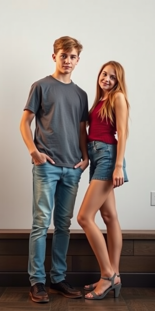 A realistic photo of a 14yo teen boy and girl. Russians. Long legs. Full length view.