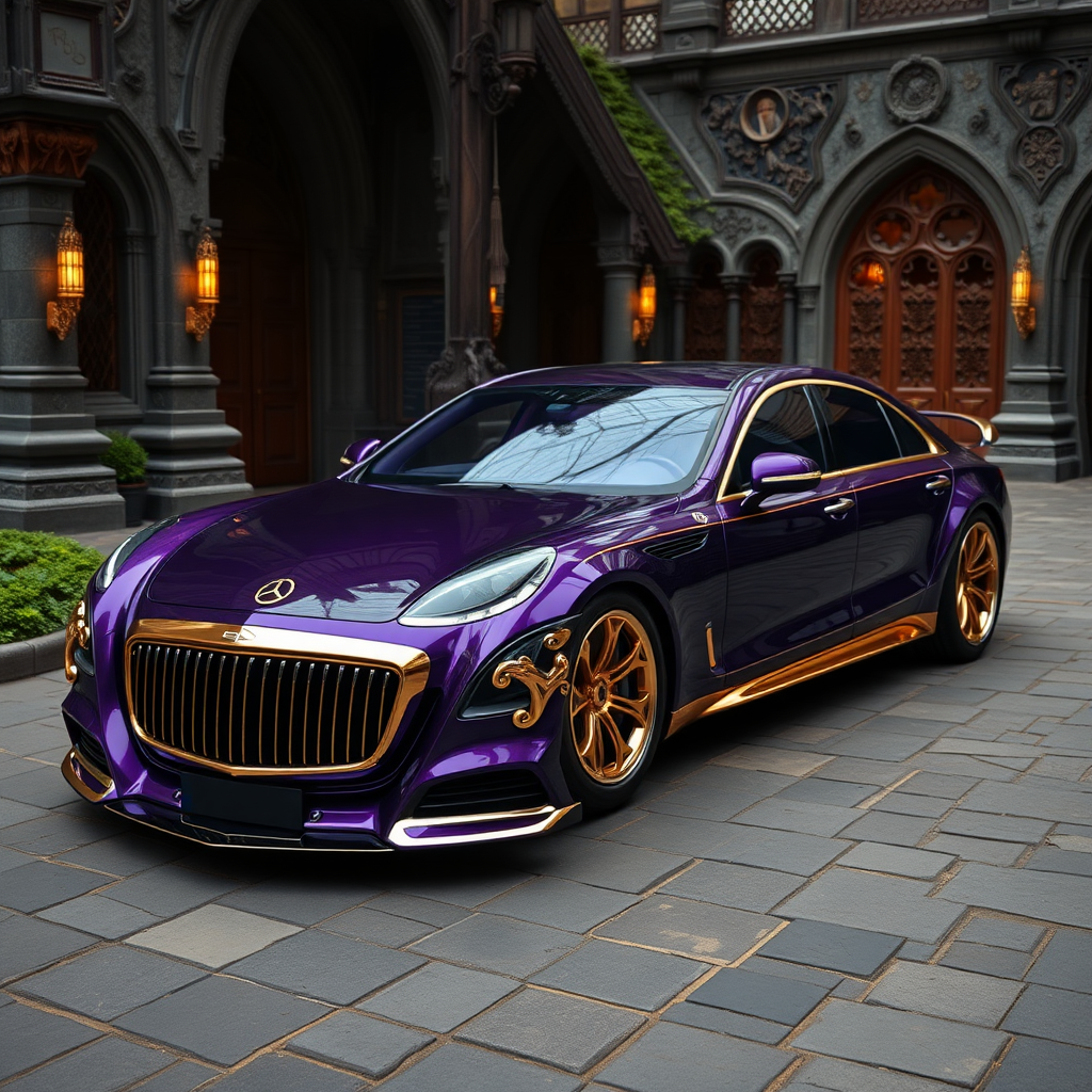 futuristic maybach sedan, purple and gold details, gold ornament, luxury, sultans, lord of the rings, elven style, fantastic, wonderland, royal, parked house