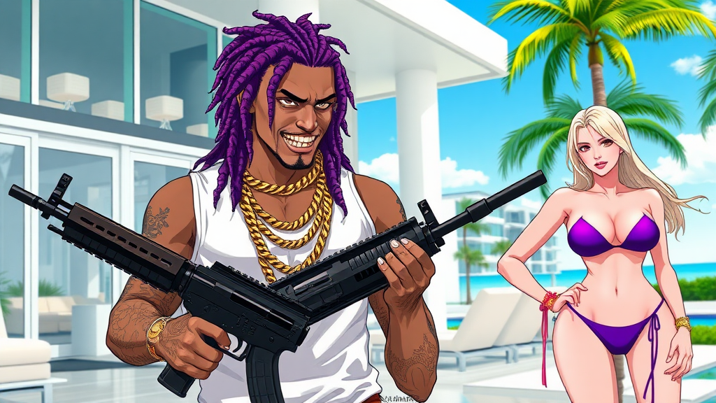 A high-quality anime art scene, a white thug male with purple dreadlocks, golden grills, holding 2 AK-47s, in a modern-day mansion outside in Miami Beach. There are 2 white blond girls with micro-bikinis and g-strings next to him.