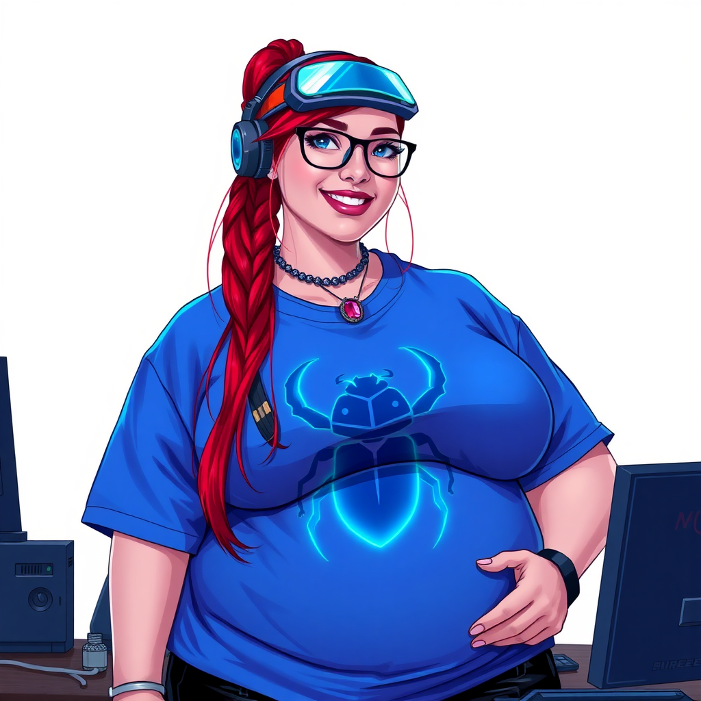 A cyberpunk vigilante’s full-figured intelligent and tech-savvy 29-year-old girlfriend, who is a computer hacker and tech genius. She has a long ruby red ponytail and bright blue eyes. She wears a sapphire beetle gemstone necklace, and an oversized maximum blue t-shirt featuring a giant neon blue glowing icon of a beetle on its chest. She has a full-figured physique with a prominent, gargantuan, well-rounded midsection, reflecting her well-cared-for lifestyle. She sports a sapphire headset with hi-tech maximum turquoise lensed HUD visor, black eyeglasses, and a beaming smile with a passionate bright red blush. Despite her figure and a lack of self-esteem, she radiates an air of beauty. She has a slim face which contributes to her radiant beauty. She serves as his tech expert from his hideout, diligently working at her lab table and computer desk. The background is solid white. She is drawn as if she was in a retro 2D cyberpunk fighting game.