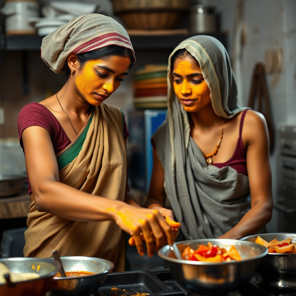 2 slim, 30 year old, Indian maids with hair coverings. They are cooking food in the kitchen. Their face is covered with a turmeric face mask.