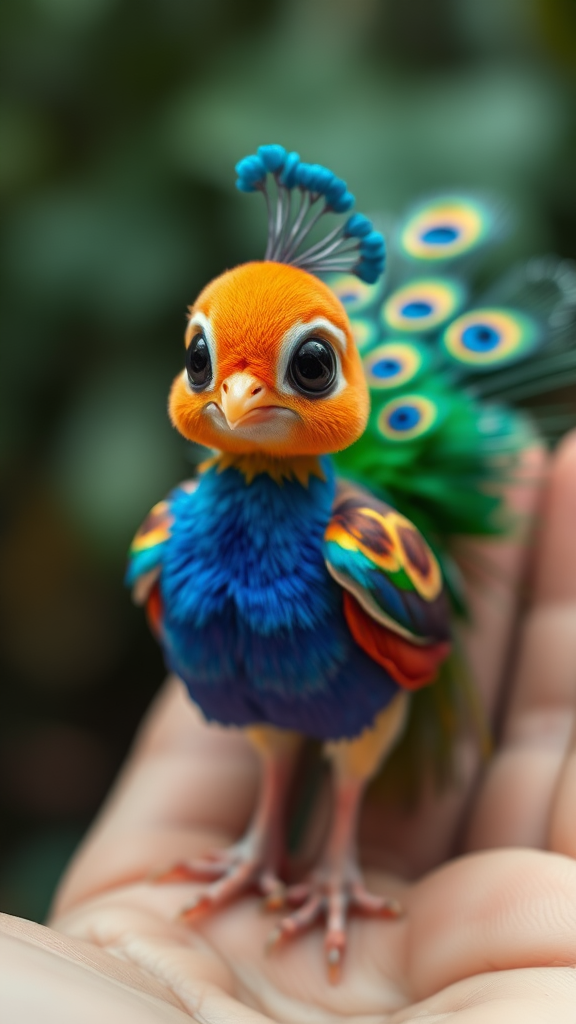 A small tiny cute chubby big eyes big perfect tail real colorful dancing peacock with tail on hand