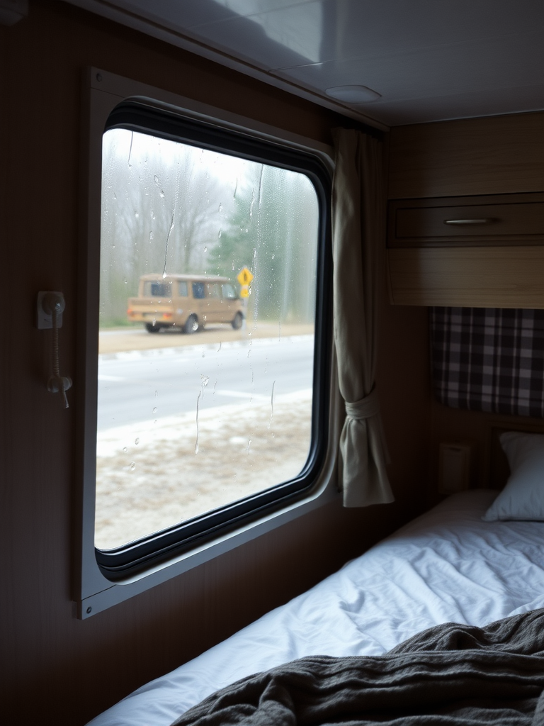 Window, bed, rich details, real, reality, RV real, reality, rainy day.