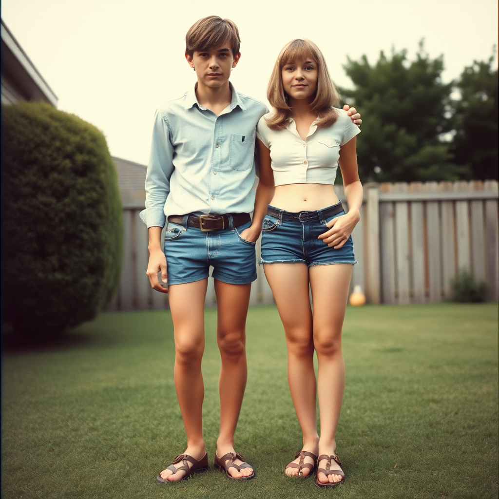 tall 14yo teen boy, long hair bob cut, wearing shirt and very tight booty shorts, long legs, narrow thighs, full-length front view. with father wearing shirt, long jeans, shoes. 1970s. At backyard. photorealistic, ultra high resolution, 16K, Negative: grainy, blurry, bad anatomy, extra limbs, watermark.