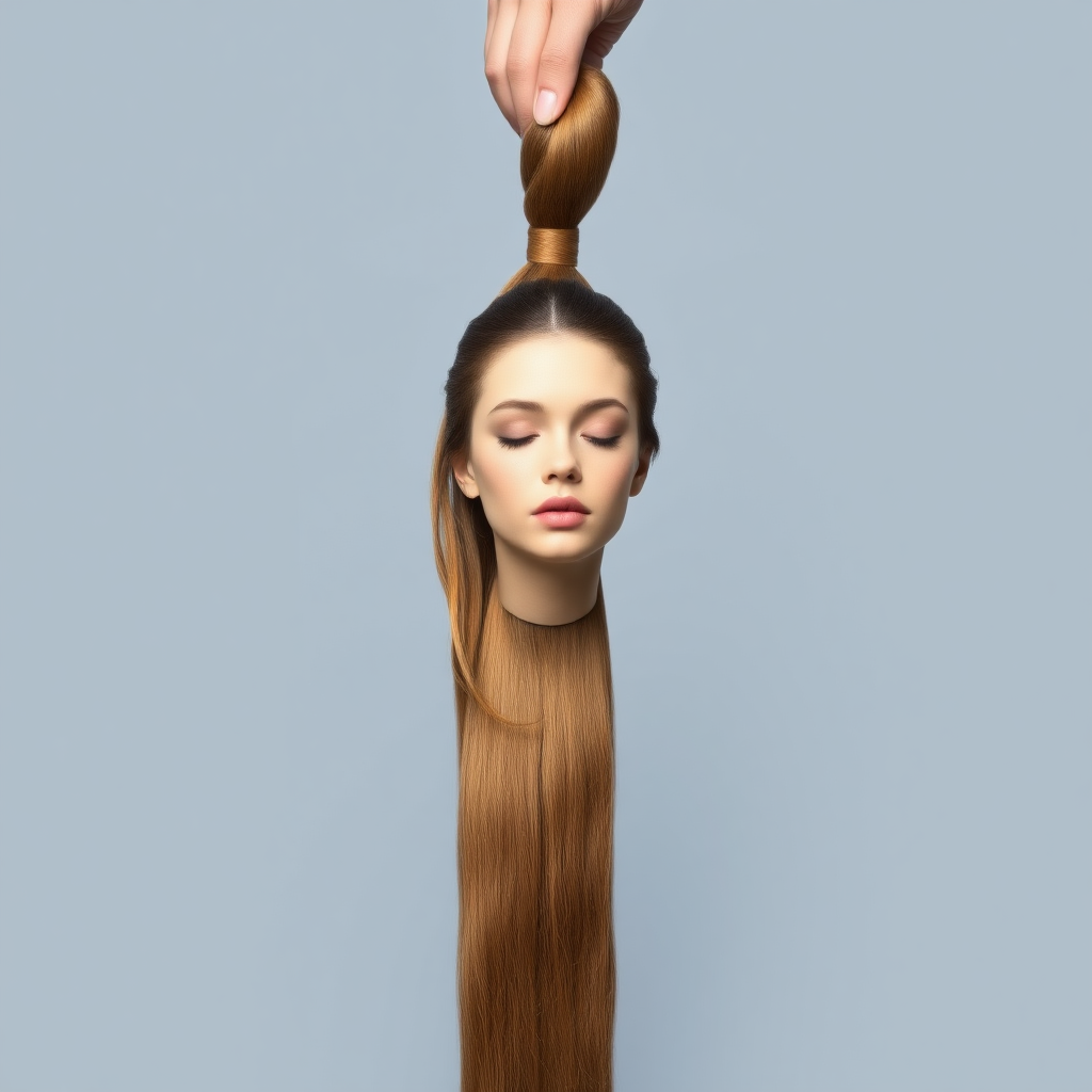 Surreal image of a very long-haired woman's beautiful disembodied head hanging by her very long hair. Her very long hair is gathered at the top of her head into a long ponytail that stretches upward into a grasped hand. Plain gray background.