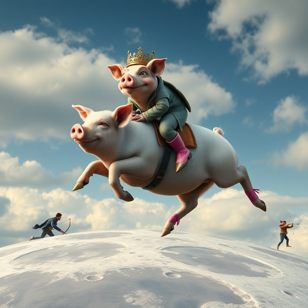 photorealistic pig with a wooden saddle galloping in the cloudy sky above the moon surface, the pig is mounted by a toad with mouflon horns. the toad wears a crown made of peacock feathers, the toad looks angrily and shows canine teeth, the pig smiles stupidly, the toad wears pink riding boots with spurs that pierce the pig's skin, the pig has eagle talents, in the distance there are small humans with bows and arrows aiming at the pig, the humans wear modern fashionable clothes