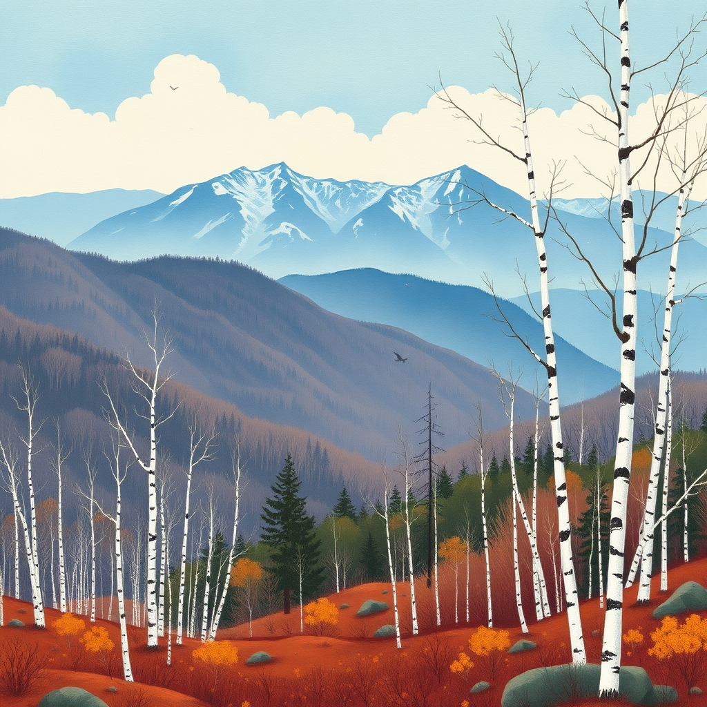 Greater Khingan Range scenery, primitive forests, white birch trees, Wu Guanzhong style.