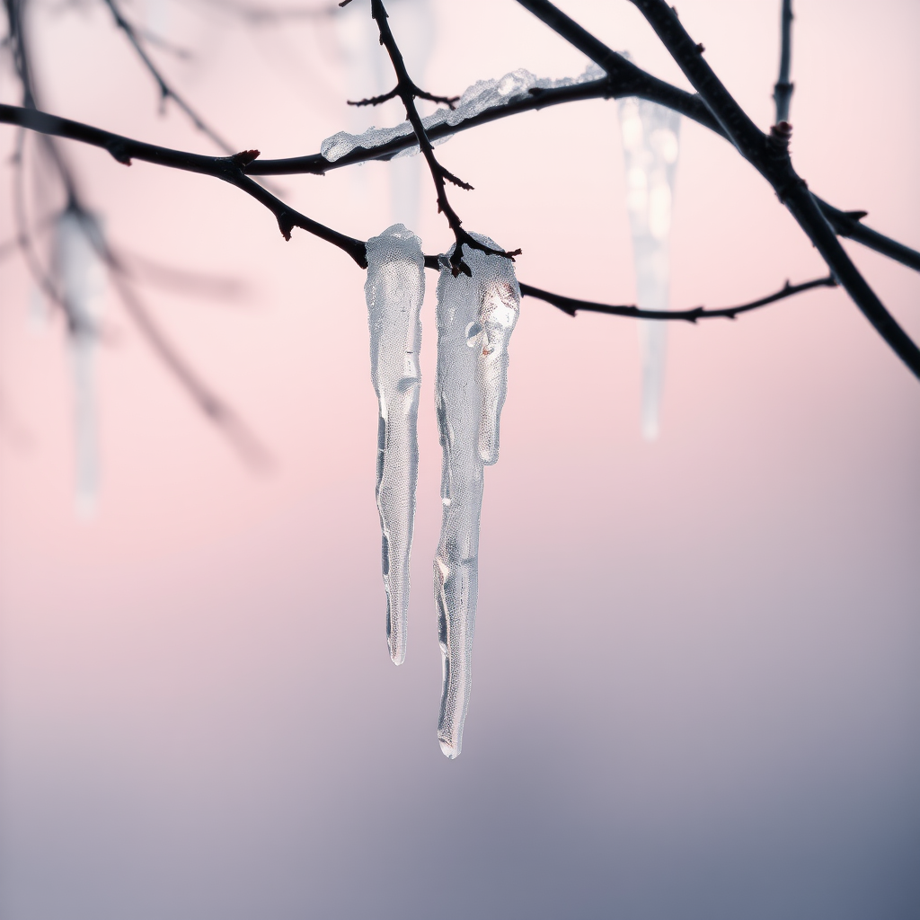 You can see delicate and shimmering icicles hanging from thin and gaunt branches up close. This scene captures a serene winter atmosphere with a soft, muted background transitioning from pastel pink to cool gray, evoking tranquility. The ice formations are rendered with surreal details, emphasizing clarity and intricate shapes. The branches are dark and textured, contrasting with the translucent ice. Soft light reflects off the icicles, creating a captivating interplay of light and shadow. The overall aesthetic combines elements of calm and cold, leading the viewer into a peaceful winter moment.