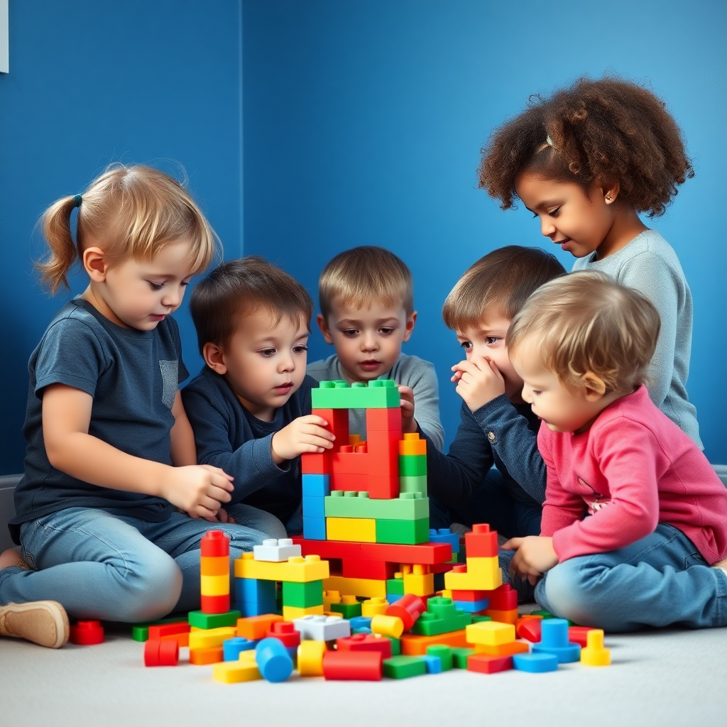 A group of 5 children with different body shapes playing with toy building blocks. The age of the children should be 10 years old, and the room in which they are playing should have blue color walls.