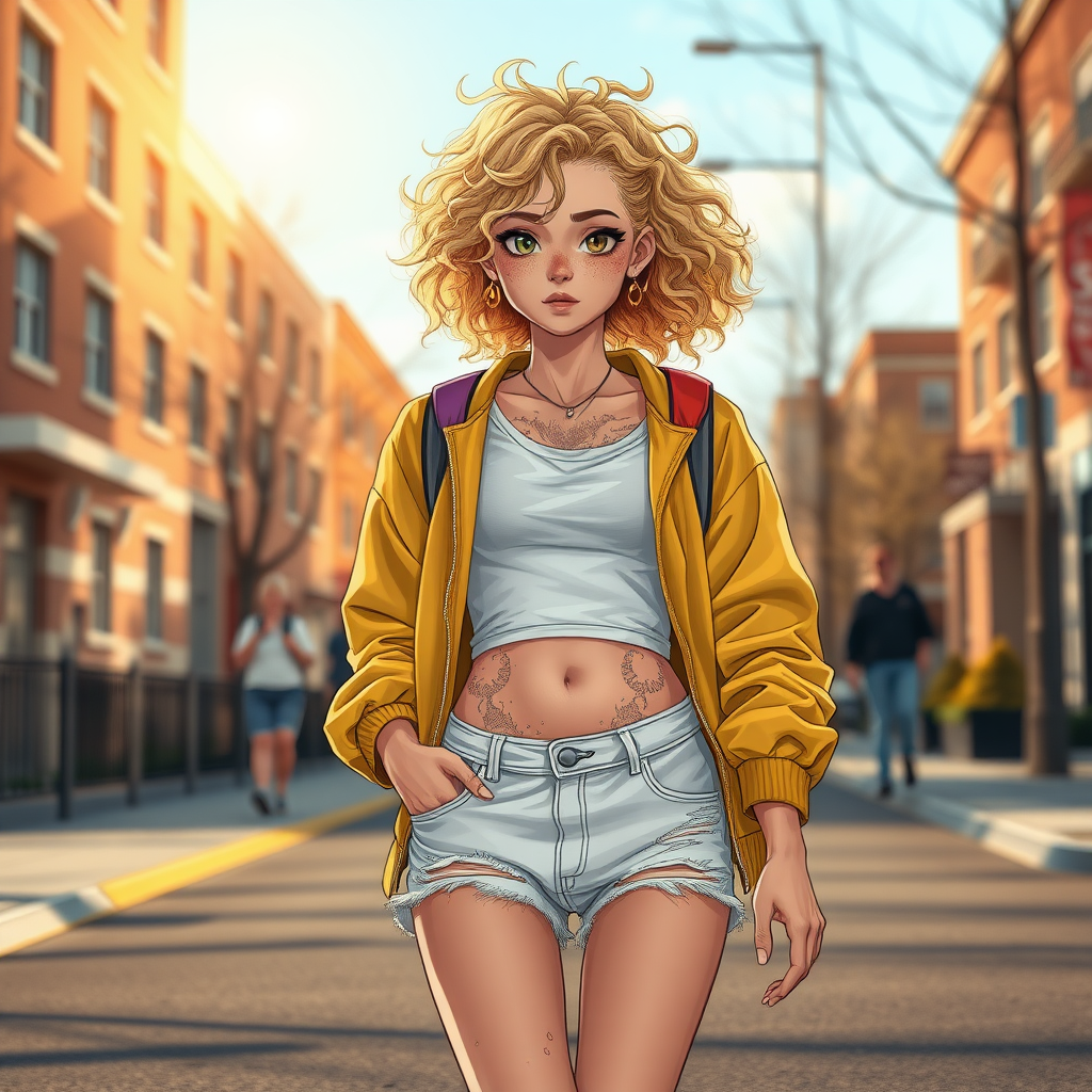 Ultra Realistic taken photo style image, Extremely good quality 8k resolution drawn manga image of a 15 year old petite and short tomboy girl with golden blonde curly hair with mixed and different colored eyes for each eye and moles on her entire body and is a white American girl, Has on a Gold Jacket over a white extremely short crop top only covering her breasts and nothing more with a design on it, and has on ripped shorts and cool looking sneakers with a deep and big injury scar on her stomach with a bright color backpack, ear piercings on, walking on the street to school in the morning with the beautiful sunlight lighting up her body beautifully.