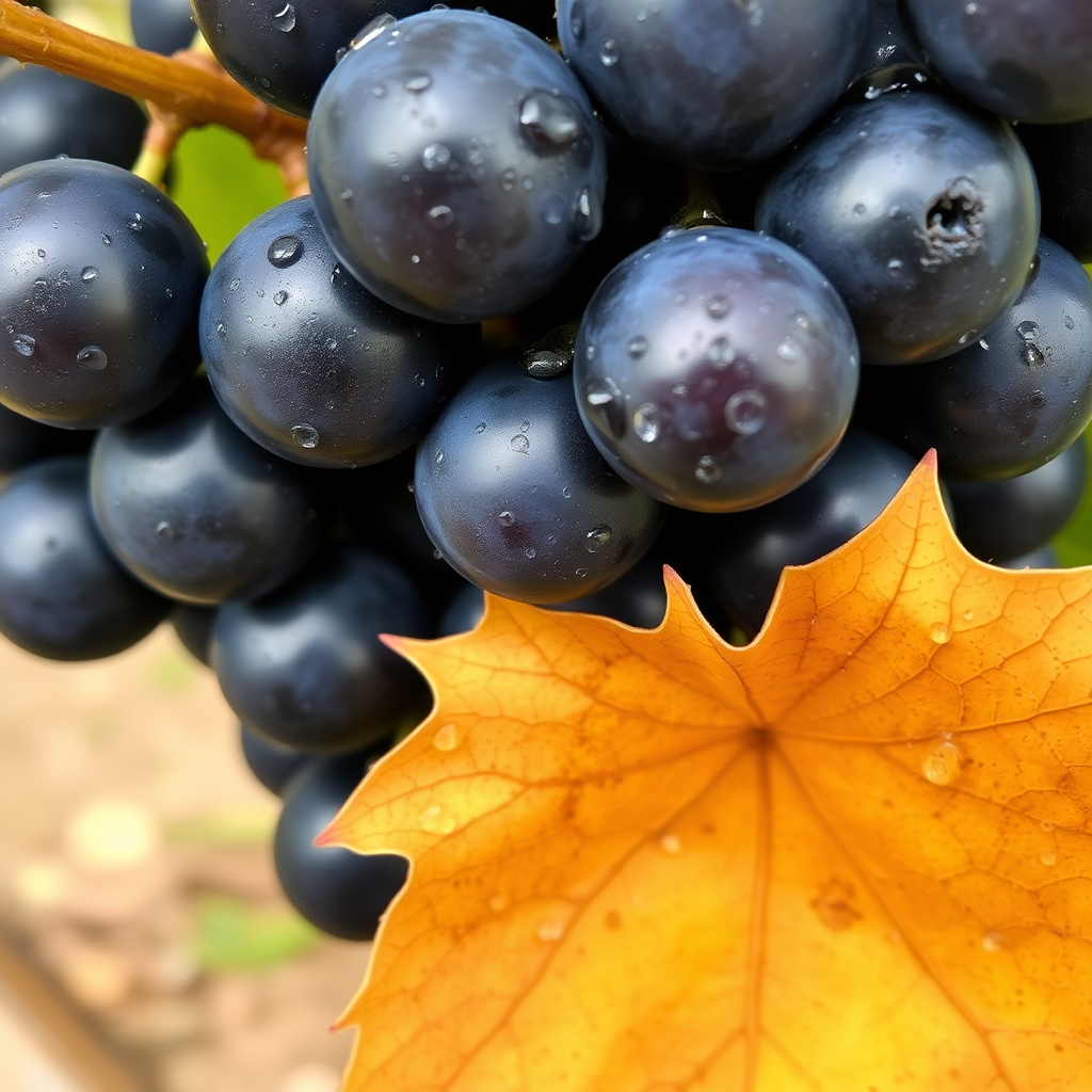 Close up image of a bunch of black grapes with dew on the berries and a dry vine leaf.