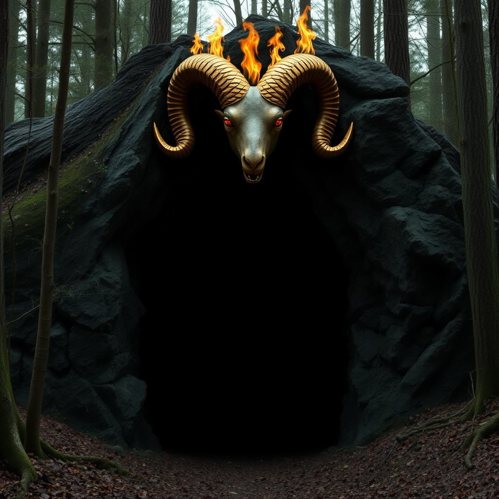 High quality, A dark cavern entrance in the middle of the woods that is shaped like a vagina/vulva, a golden-ram horn with burning eyes and mouth on top