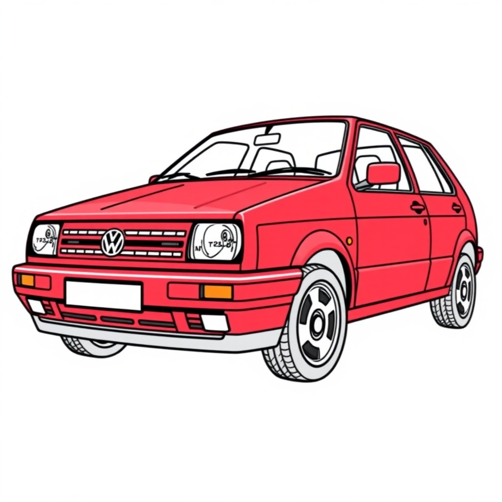 red vw polo II car, long establishing shot, 2D, caricature, cartoon, Sketch lines, coloring book, coloring book style on white background, well composed, clean coloring book page, No dither, no gradient, strong outline, No fill, No solids, vector illustration, realistic proportions, blueprint, left side view