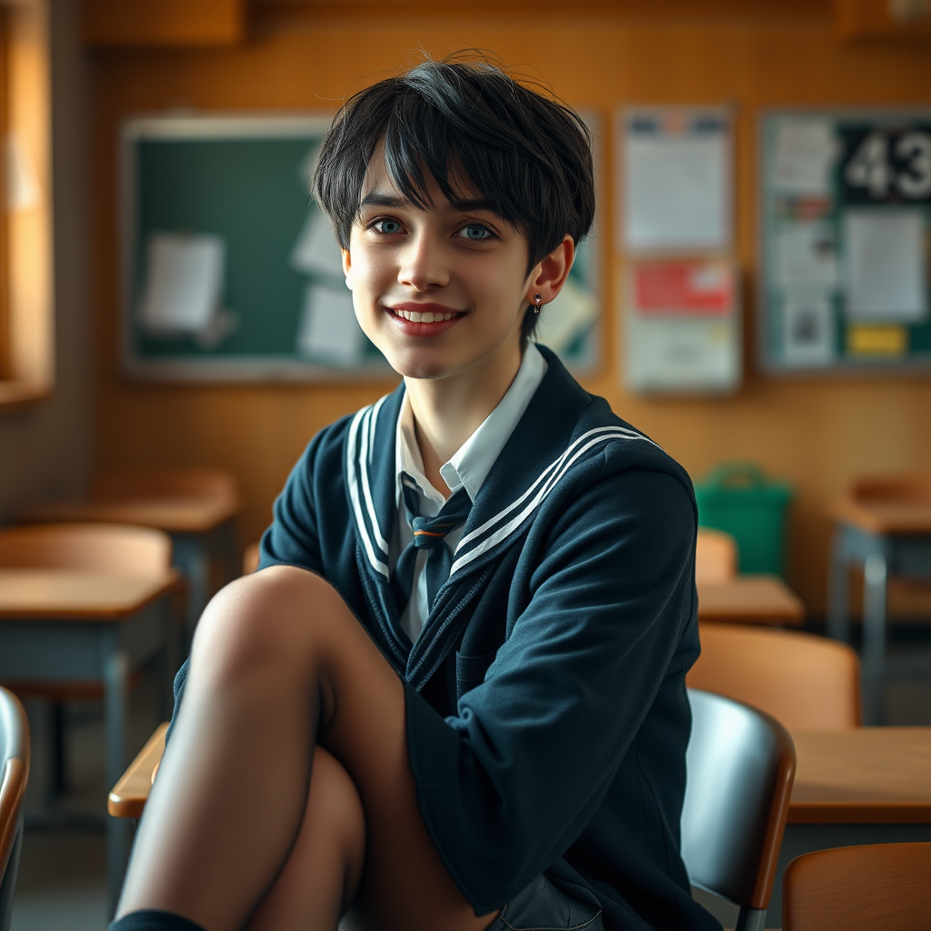 photorealistic, ultra high resolution, 16K, surreal fantasy, soft studio lighting, a pretty 17 year old goth male, slim male physique, short dark hair, blue eyes, goth makeup, earrings, sheer pantyhose, UK girls-school uniform, Mary-Jane shoes, sitting in the classroom, excited smile, facing the camera.