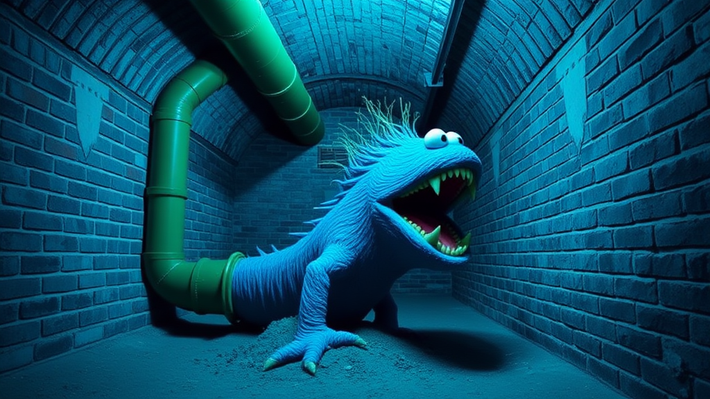 Interior. Underground scene with brick walls and floor. Blue tinted lighting. A large green drain pipe sticks out of the ground. Out of the pipe is a large blue plant monster with large teeth. The monster looks like a muppet.