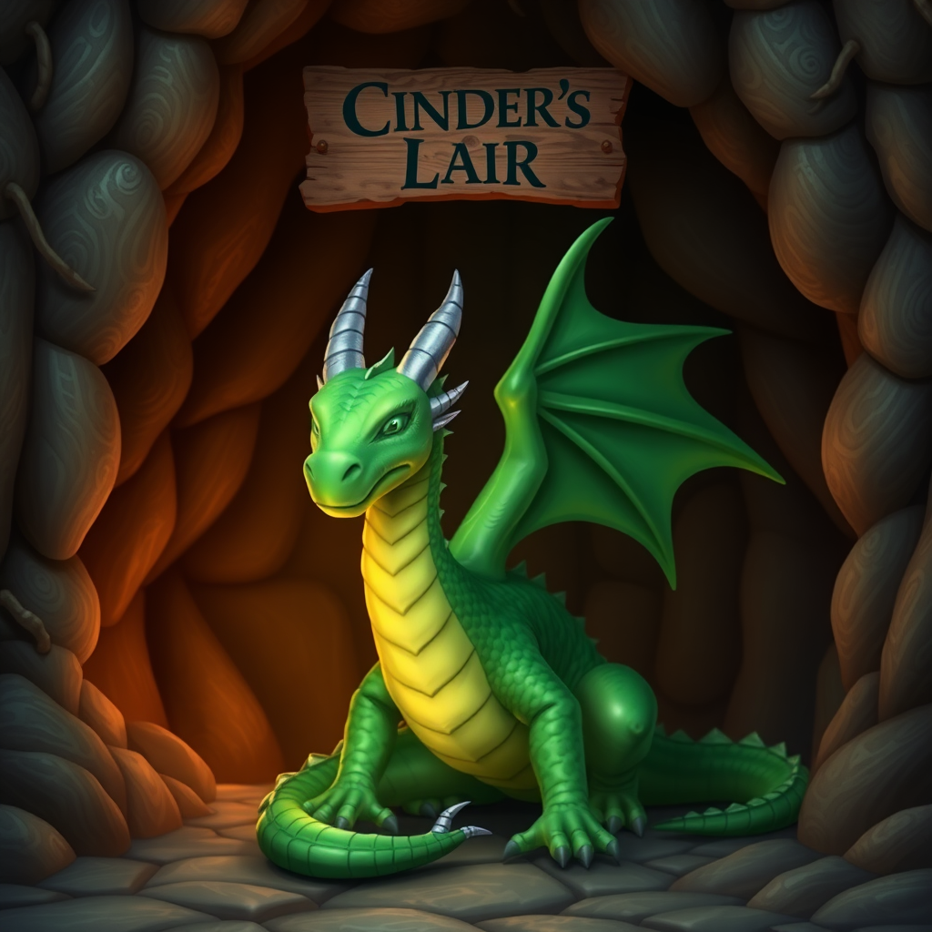 A photo realistic green shiny dragon with in a dragon cave with a sign above it that says "Cinder's Lair"