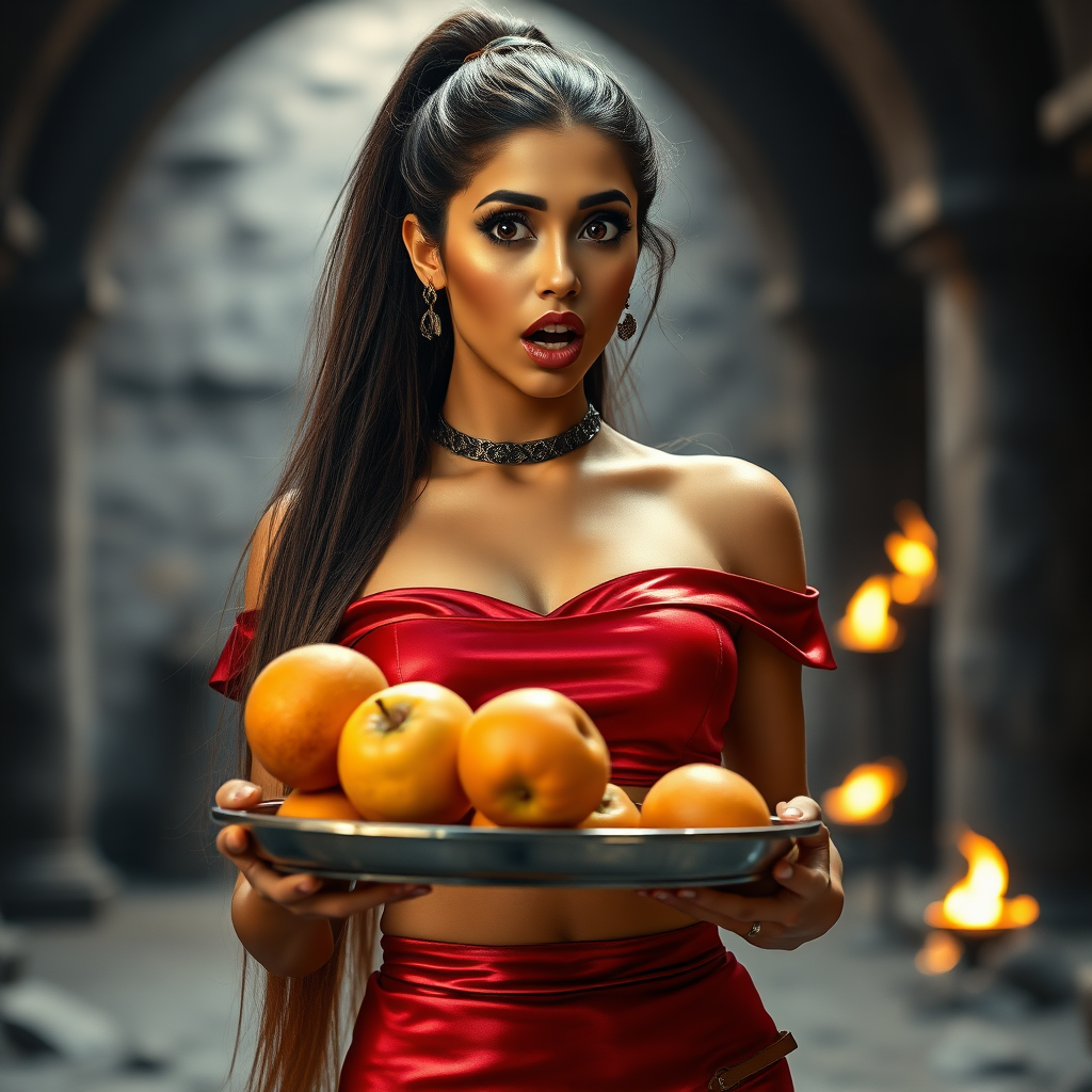 realistic photo of a surprised Arabian model with mouth open looking at the camera. She has very large eyes, black eyeshadow, black eyeliner, fake eyelashes, very tanned skin, very long hair. very high ponytail, she looks like princess jasmine, shiny red off shoulder crop top. photo realistic. She holds a metal tray with fruits just above her waist. crop top, shiny red skirt. full body view. shiny red pencil skirt. dungeon with fire torches in the background.