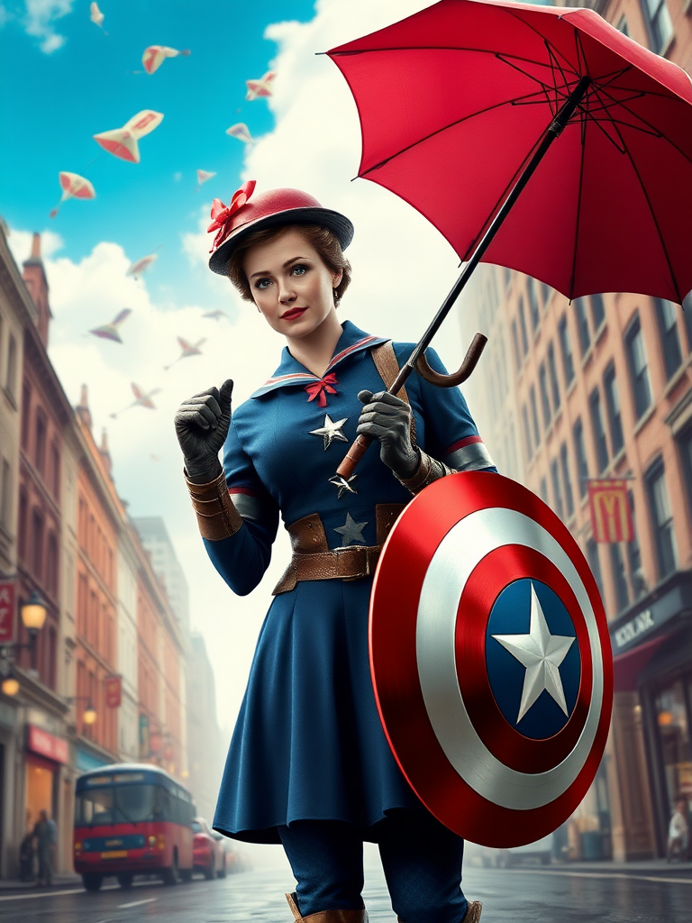 DALL-E 3 prompt (683 characters):

Create a full-length rendered image merging Mary Poppins and Steve Rogers. Maintain Mary's head, hairstyle, and facial features atop Steve's muscular body. Adapt Mary's iconic nanny outfit to fit the new physique, incorporating elements from Captain America's costume such as star motifs or shield-inspired accessories. Adjust the umbrella size to match the larger frame. Set the scene in a whimsical London street blending into a 1940s New York cityscape. Include floating objects like kites or shields in the sky. Ensure the image captures both Mary's magical essence and Steve's heroic stance. Balance vibrant colors from both characters' worlds throughout the composition.