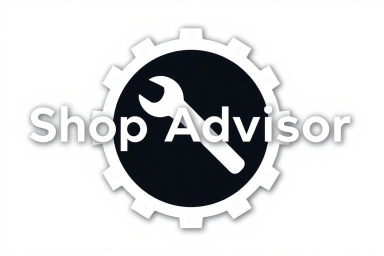 A logo for shop repair software called "Shop Advisor AI", with a wrench or pneumatic gun element incorporated