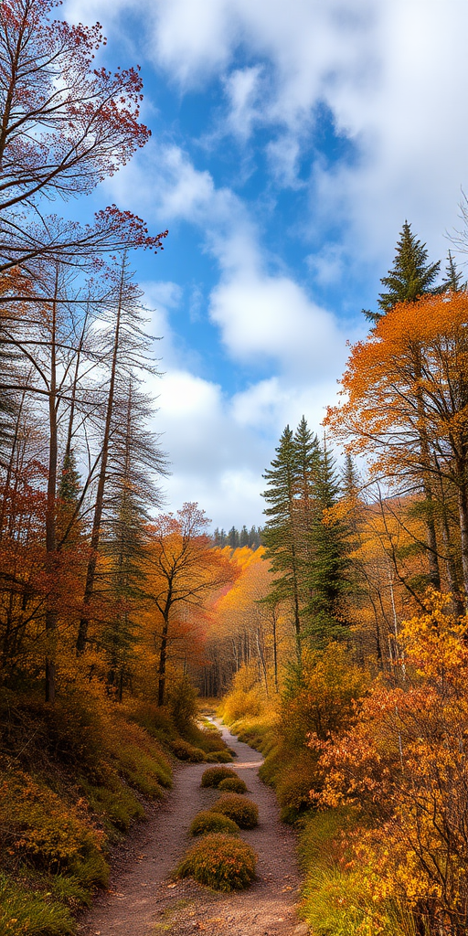 Autumn forest with alpine vegetation with a path, sky with clouds in high definition.