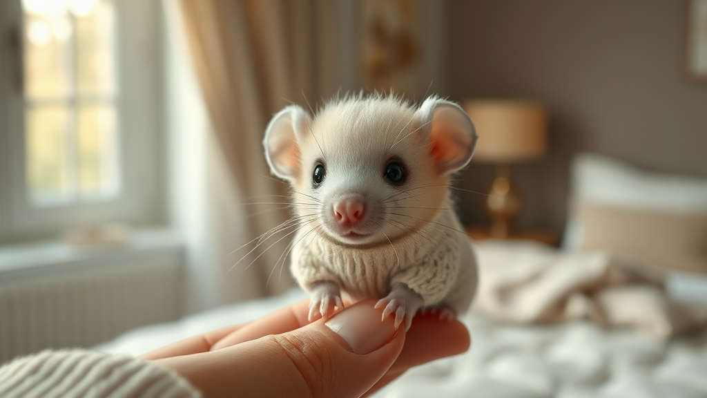 Prompt for Art Generation: "Create an ultra-realistic, high-definition image of a miniature fluffy elephant. The rat should be incredibly small, fitting perfectly in a person's fingertips. should have soft, cream-colored fur with big, round, expressive black eyes. The rat is wearing a little sweater, giving it an extra cute and cozy look. The setting should be a soft, cozy bedroom with a neutral palette, blurred in the background to highlight the adorable tiny elephant. Ensure the image captures the puppy’s cuteness and the softness of the setting, with soft lighting coming through a large window in the background."