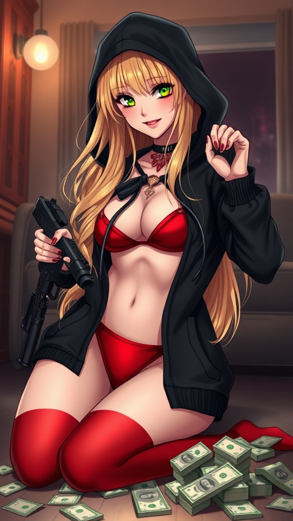 Anime, a sexy seductive and wicked long-blond hair, green-eyes with makeup eyelashes, wearing a black-dark swagger hoodie under a red-bikini and red-gstring thong, wicked smile, holding glock-gun in left-hand, money bags on floor stolen