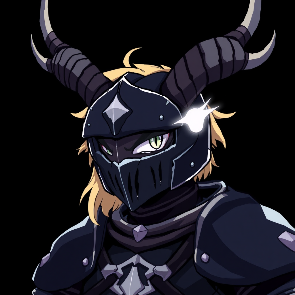 (Anime-pixel style art) Black background, the scene is dominated by an aggressive and formidable knight, a fierce female warrior. She is clad in menacing black armor, emblazoned with a distinctive white eye symbol at the center, symbolizing her fierce gaze. Her face is partially concealed by a terrifying goat-like mask, featuring a single glowing white eye on the right side, radiating an eerie light that pierces the darkness. Towering antlers sprout from her mask, adding to her intimidating presence. Short, tousled blonde hair peeks out from beneath the helm, framing her fierce expression. This full-body portrayal captures the essence of the Roaring Knight, also known as Mayor Holiday from Deltarune, exuding a palpable energy of violence and determination that commands attention.