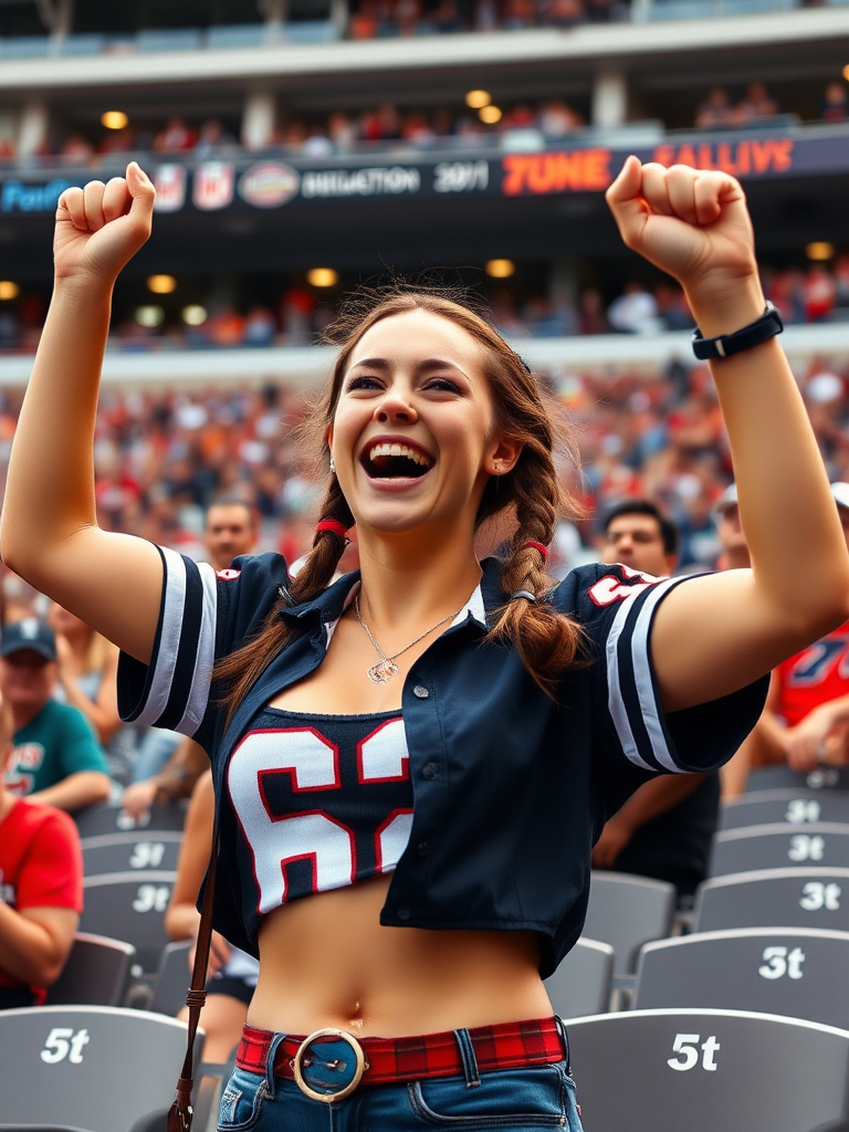 Attractive female NFL fan, large chest, cheering wildly, pigtail hair, stadium bleacher row